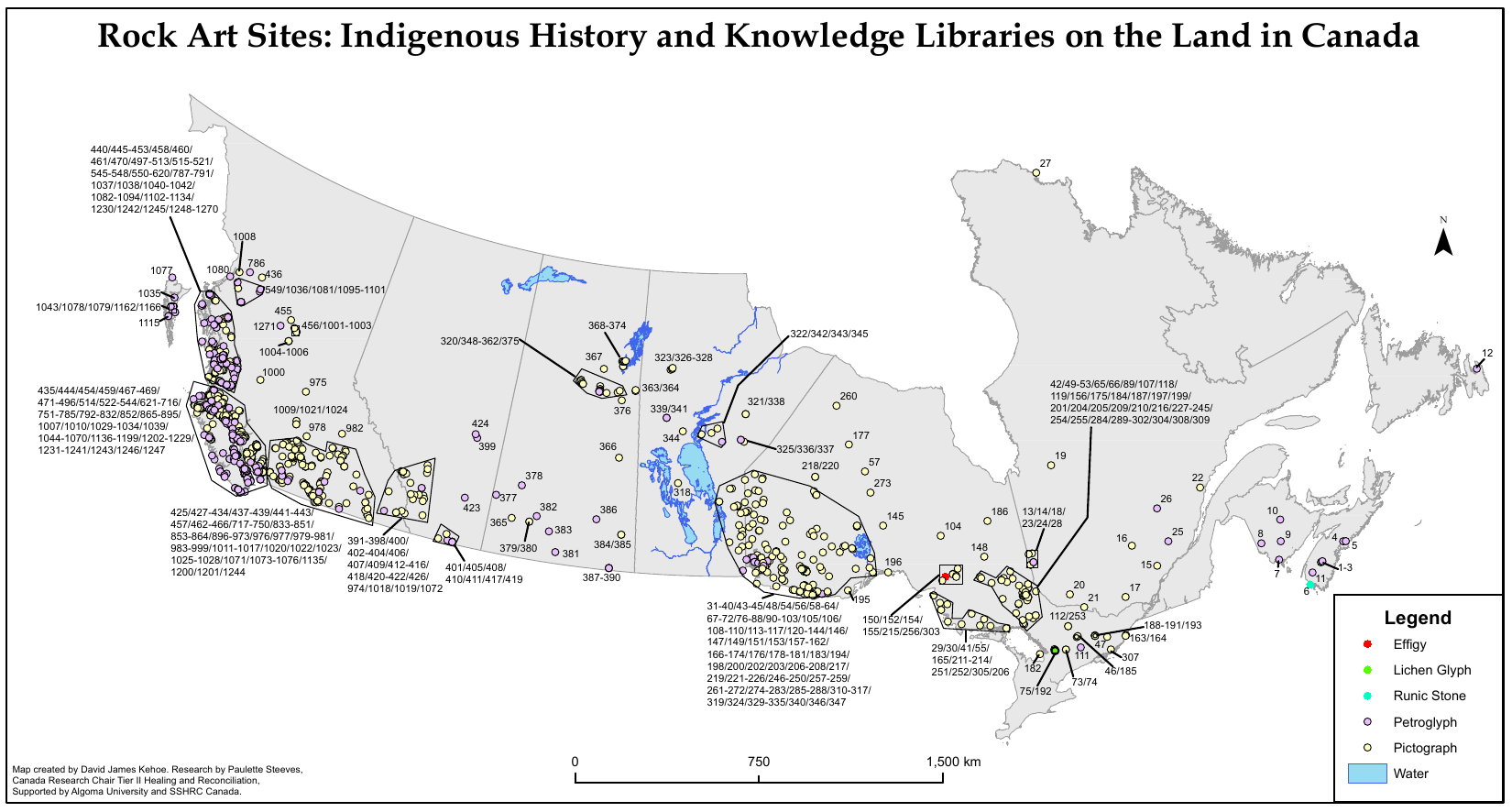 Rock Art Sites: Indigenous History and Knowledge Libraries on the Land in Canada — map by David James Kelce, research by Paulette Steeves